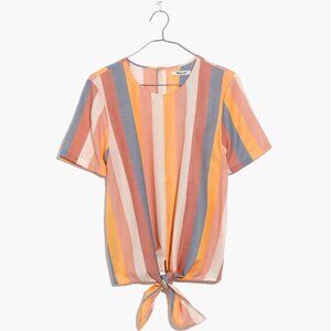 Madewell Top Womens XL Antique Coral Sherbet Stripe Button Back Tie Front Tee